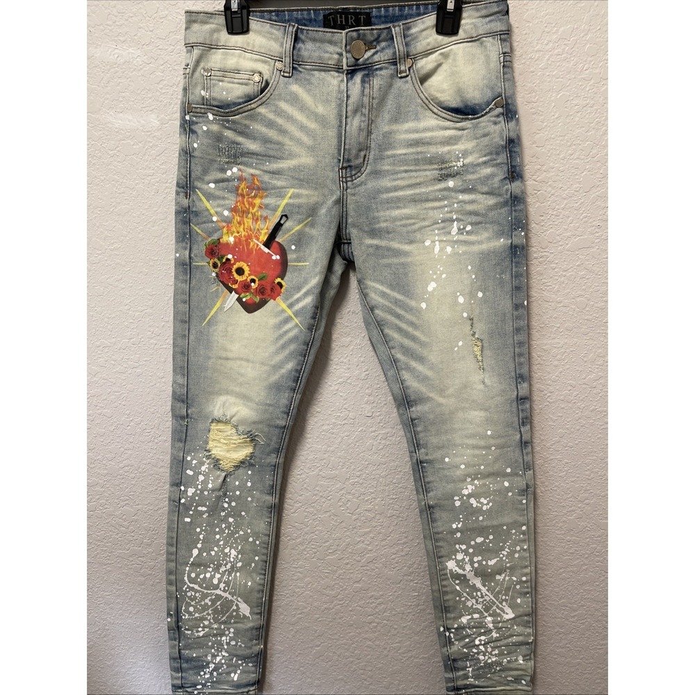 THRT Graffiti Inspired Men's Jeans Stretch Skinny Light Wash Size 32